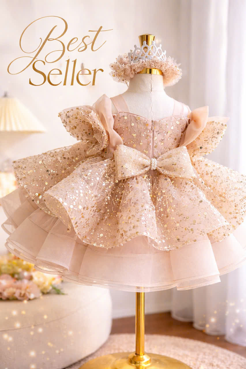 Princess Blush Pink & Champagne Gold Flower Girl Dress, Sequin Tulle Princess Dress for Baby Girl, 1st Birthday Outfit, Wedding Party Dress