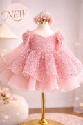 Princess Blush Pink & Champagne Gold Flower Girl Dress, Sequin Tulle Princess Dress for Baby Girl, 1st Birthday Outfit, Wedding Party Dress