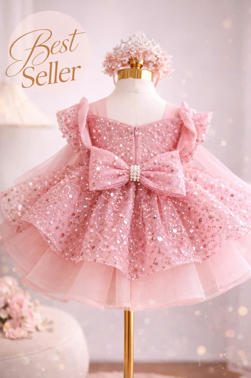Princess Blush Pink & Champagne Gold Flower Girl Dress, Sequin Tulle Princess Dress for Baby Girl, 1st Birthday Outfit, Wedding Party Dress