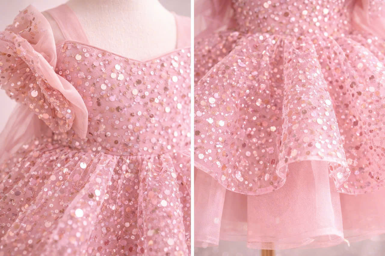 Princess Blush Pink & Champagne Gold Flower Girl Dress, Sequin Tulle Princess Dress for Baby Girl, 1st Birthday Outfit, Wedding Party Dress