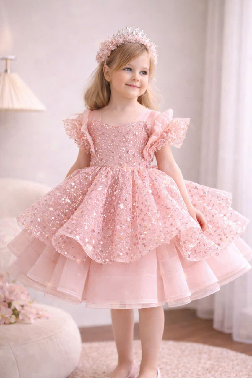 Princess Blush Pink & Champagne Gold Flower Girl Dress, Sequin Tulle Princess Dress for Baby Girl, 1st Birthday Outfit, Wedding Party Dress