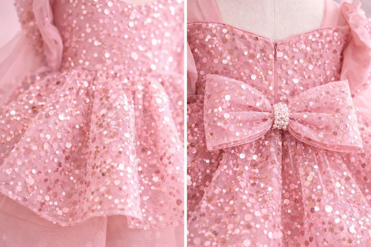 Princess Blush Pink & Champagne Gold Flower Girl Dress, Sequin Tulle Princess Dress for Baby Girl, 1st Birthday Outfit, Wedding Party Dress