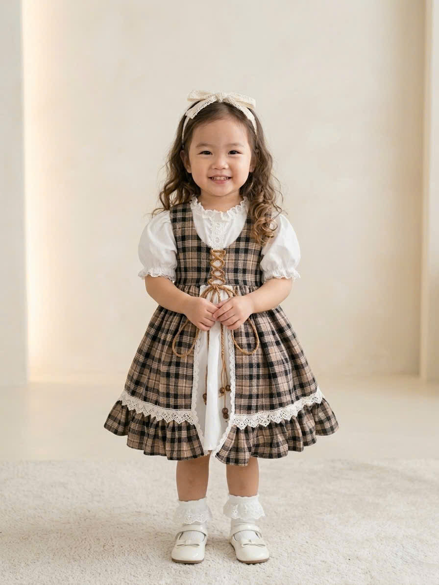 Vintage Plaid Dress for Girls – Lace Puff Sleeve Dress (1–6 Years)