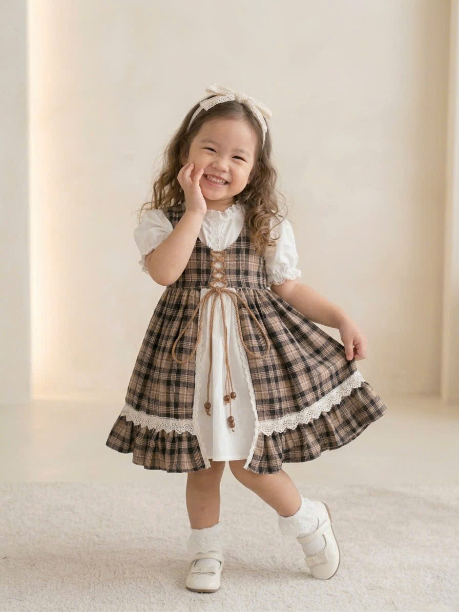 Vintage Plaid Dress for Girls – Lace Puff Sleeve Dress (1–6 Years)