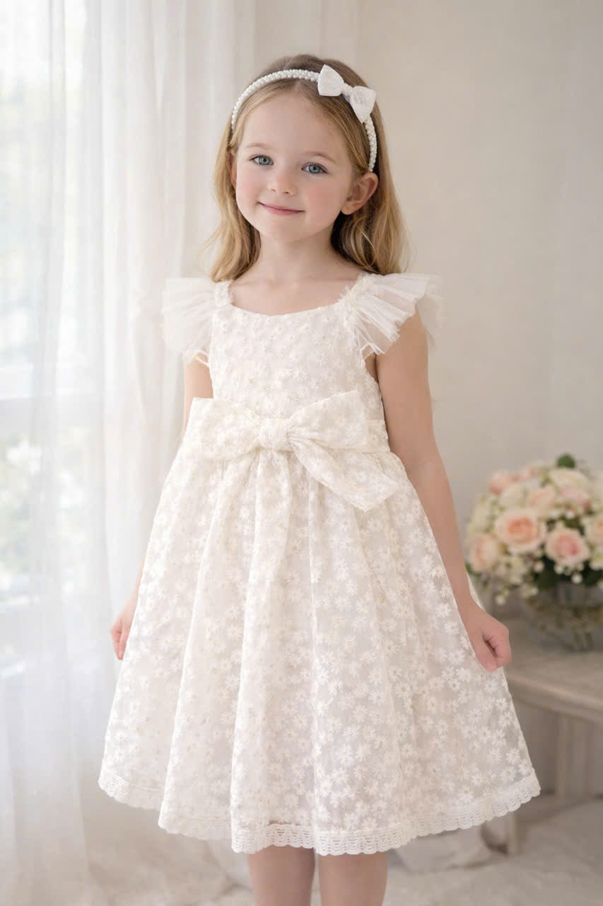 Ivory Floral Lace Dress / Romper – Baby & Girls Special Occasion Outfit (6M–6Y)