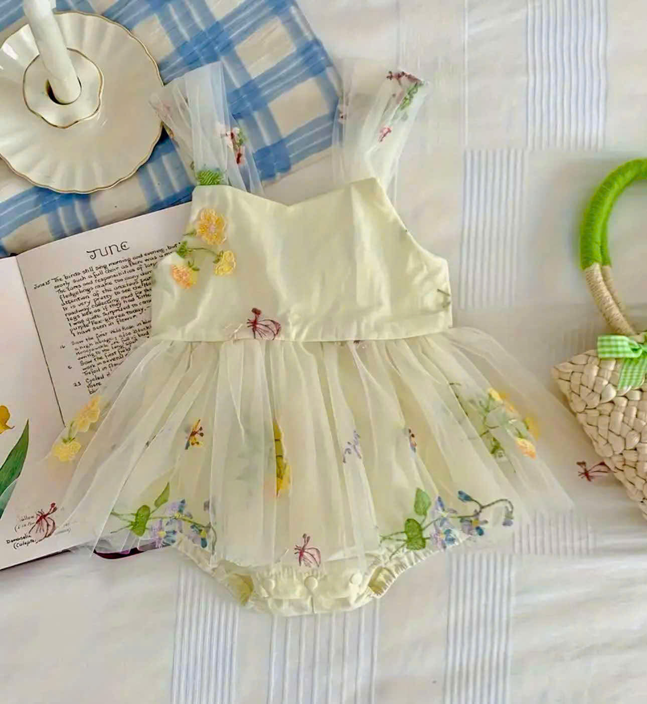 Fairy Garden Floral Romper Dress Newborn to 12 months | Embroidered Lace Baby Outfit | Photoshoot & Special Occasion