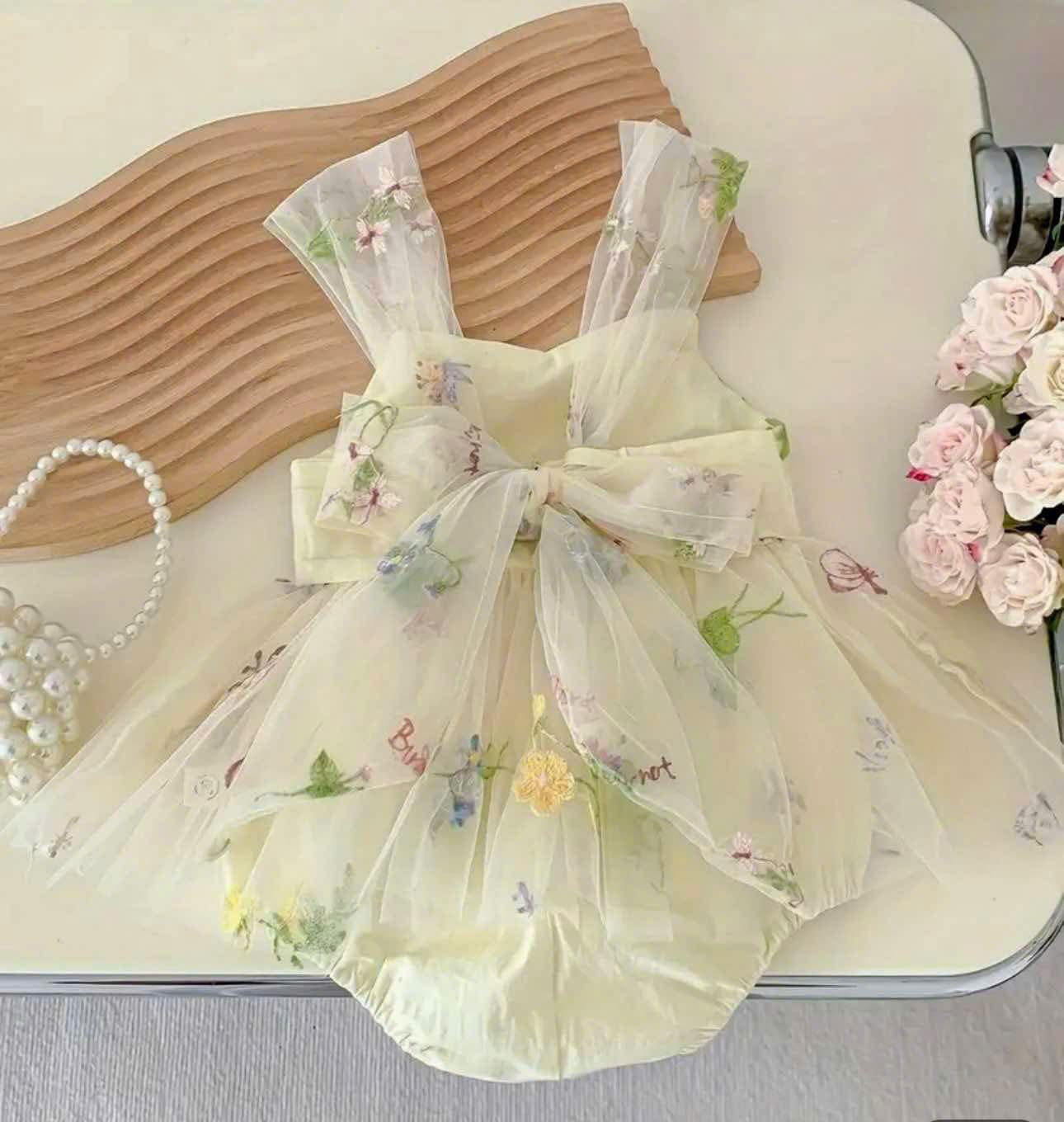 Fairy Garden Floral Romper Dress Newborn to 12 months | Embroidered Lace Baby Outfit | Photoshoot & Special Occasion