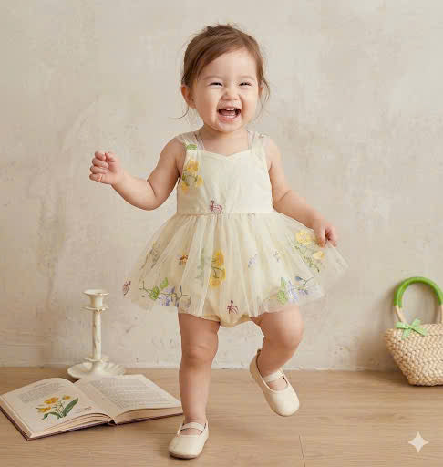 Fairy Garden Floral Romper Dress Newborn to 12 months | Embroidered Lace Baby Outfit | Photoshoot & Special Occasion