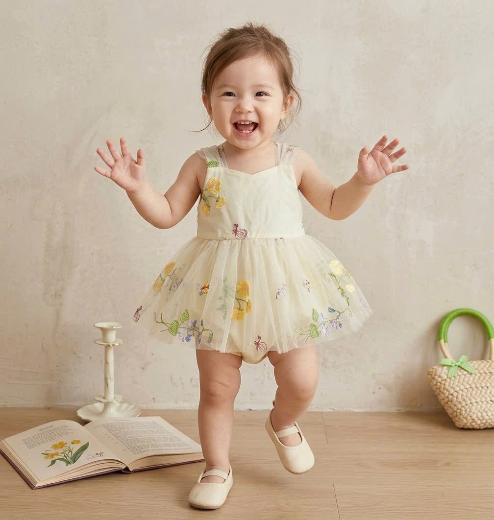 Fairy Garden Floral Romper Dress Newborn to 12 months | Embroidered Lace Baby Outfit | Photoshoot & Special Occasion