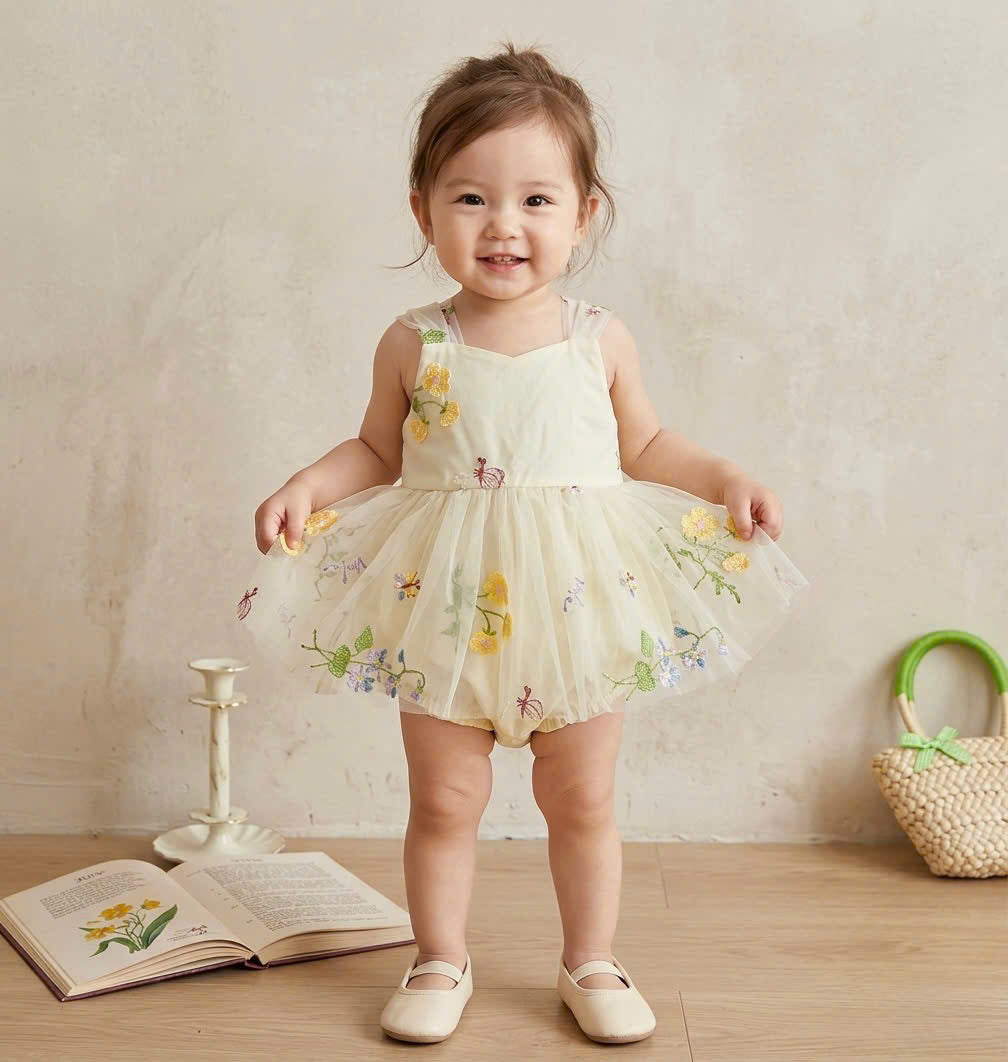 Fairy Garden Floral Romper Dress Newborn to 12 months | Embroidered Lace Baby Outfit | Photoshoot & Special Occasion