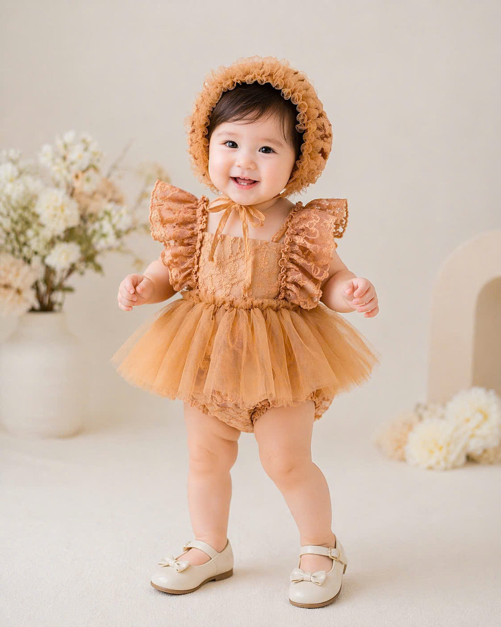 Vintage Lace Baby Girl Romper Dress with Tulle Skirt & Bonnet – Newborn to 3Y Outfit