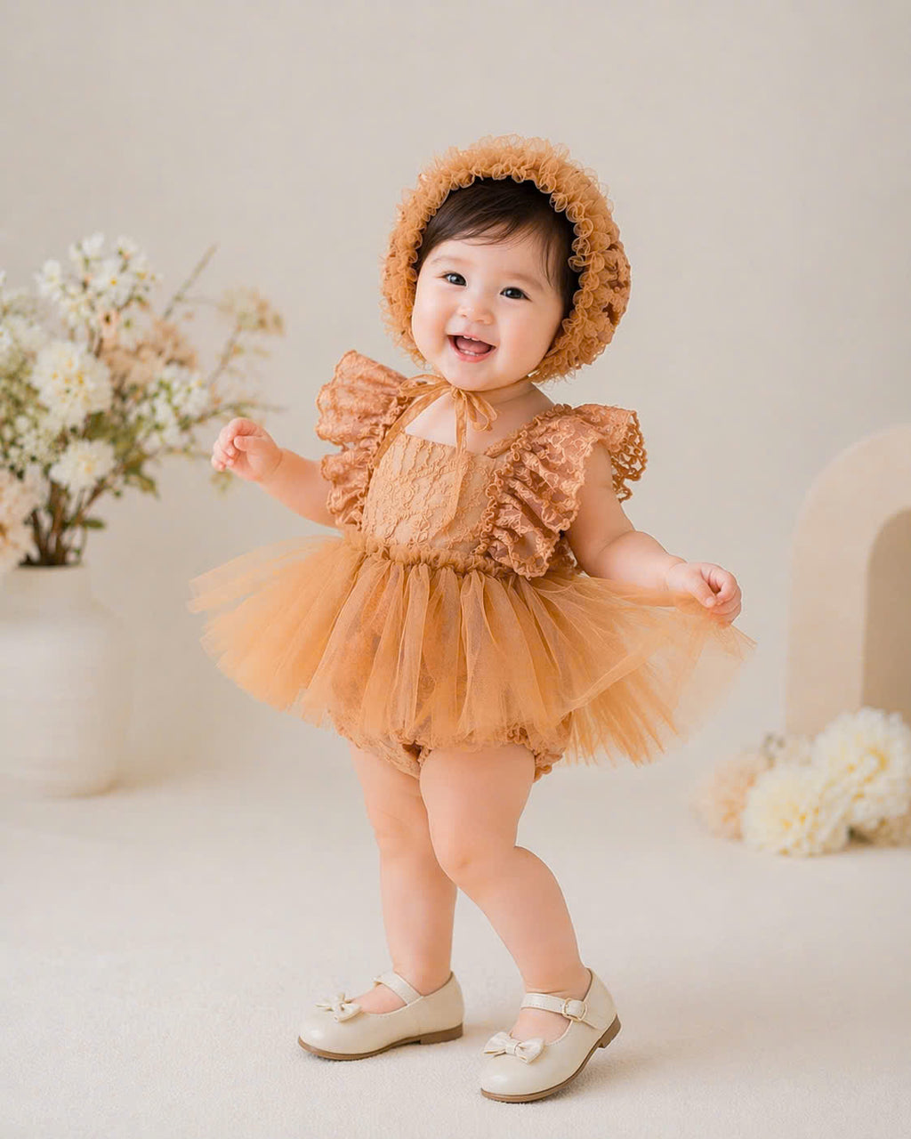 Vintage Lace Baby Girl Romper Dress with Tulle Skirt & Bonnet – Newborn to 3Y Outfit
