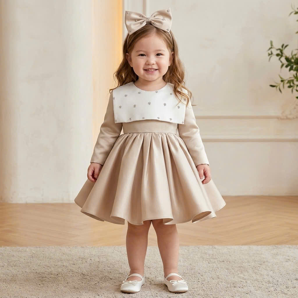 Champagne Crystal Bow Girl Dress – Flower Girl, Birthday & Special Occasion Dress (1–6 Years)