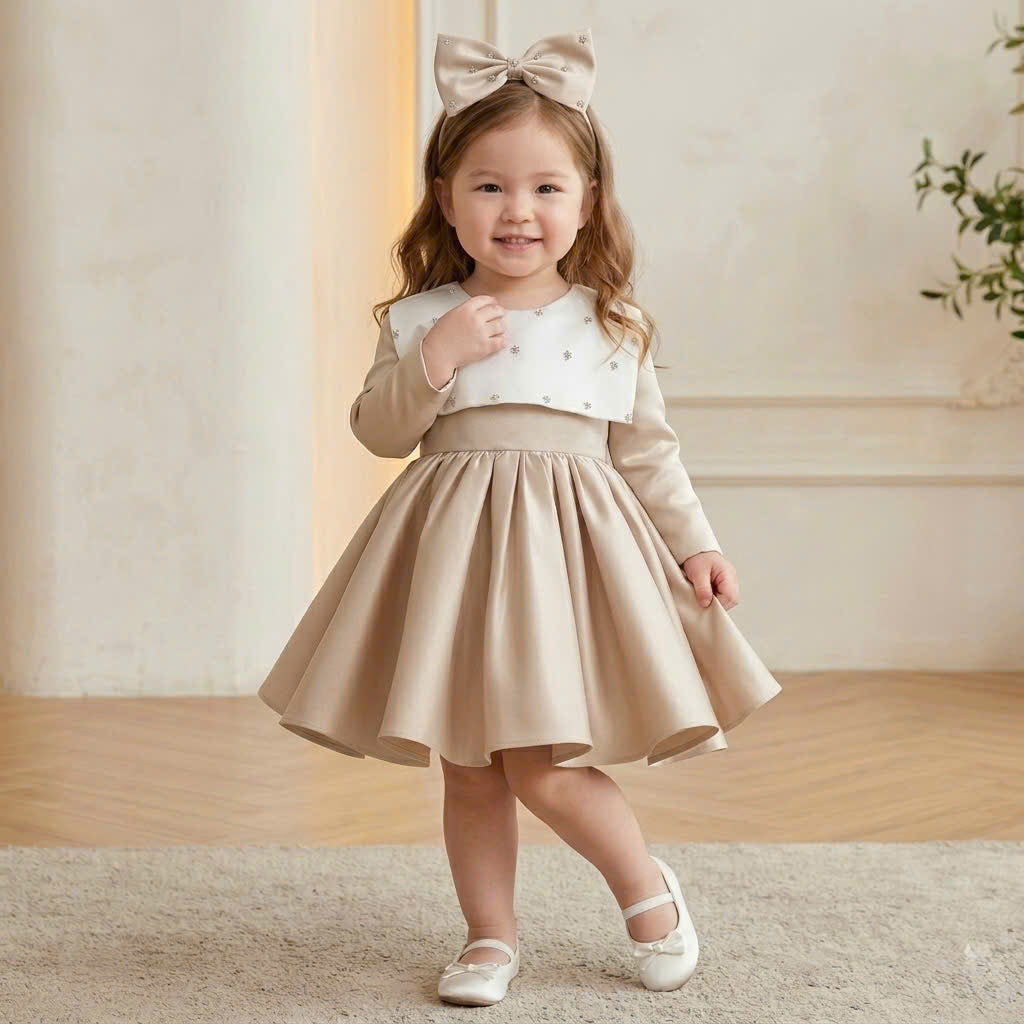 Champagne Crystal Bow Girl Dress – Flower Girl, Birthday & Special Occasion Dress (1–6 Years)