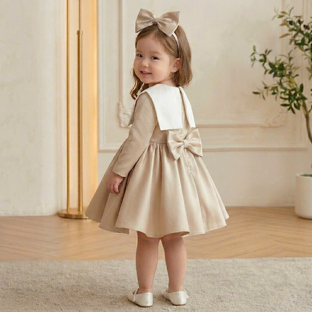 Champagne Crystal Bow Girl Dress – Flower Girl, Birthday & Special Occasion Dress (1–6 Years)