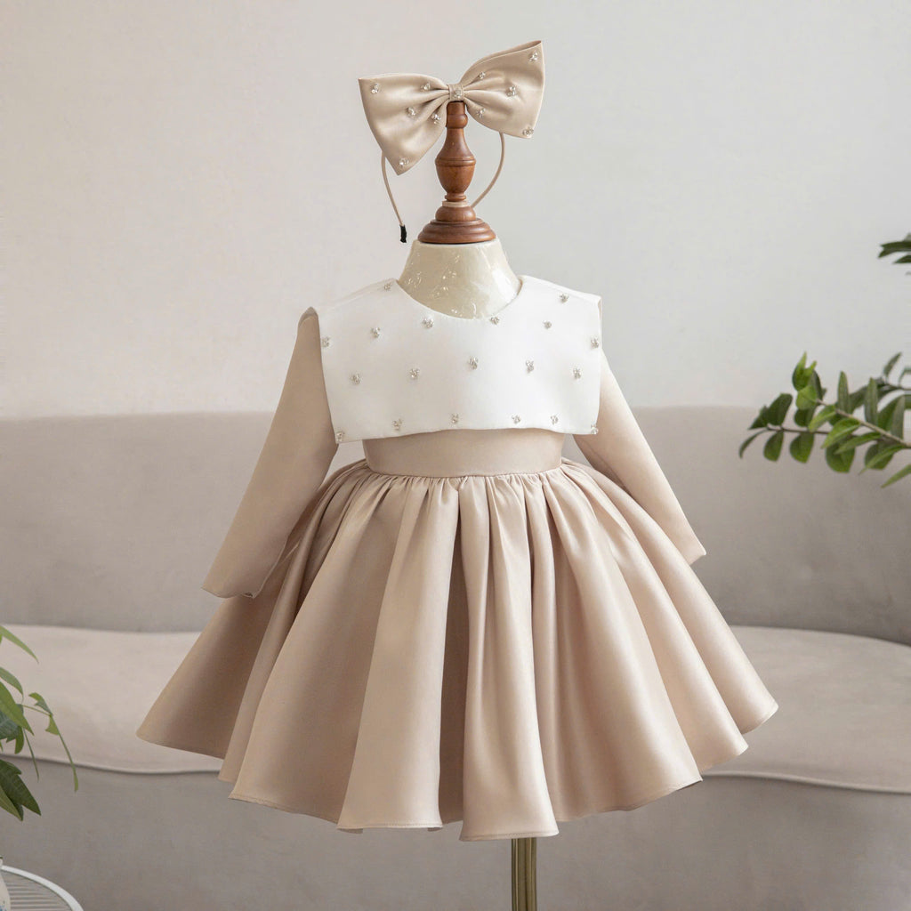 Champagne Crystal Bow Girl Dress – Flower Girl, Birthday & Special Occasion Dress (1–6 Years)