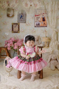 Vintage Floral Pink Dress for Girls – Puff Sleeve Lace Party Dress with Back Bow (1–6 Years)