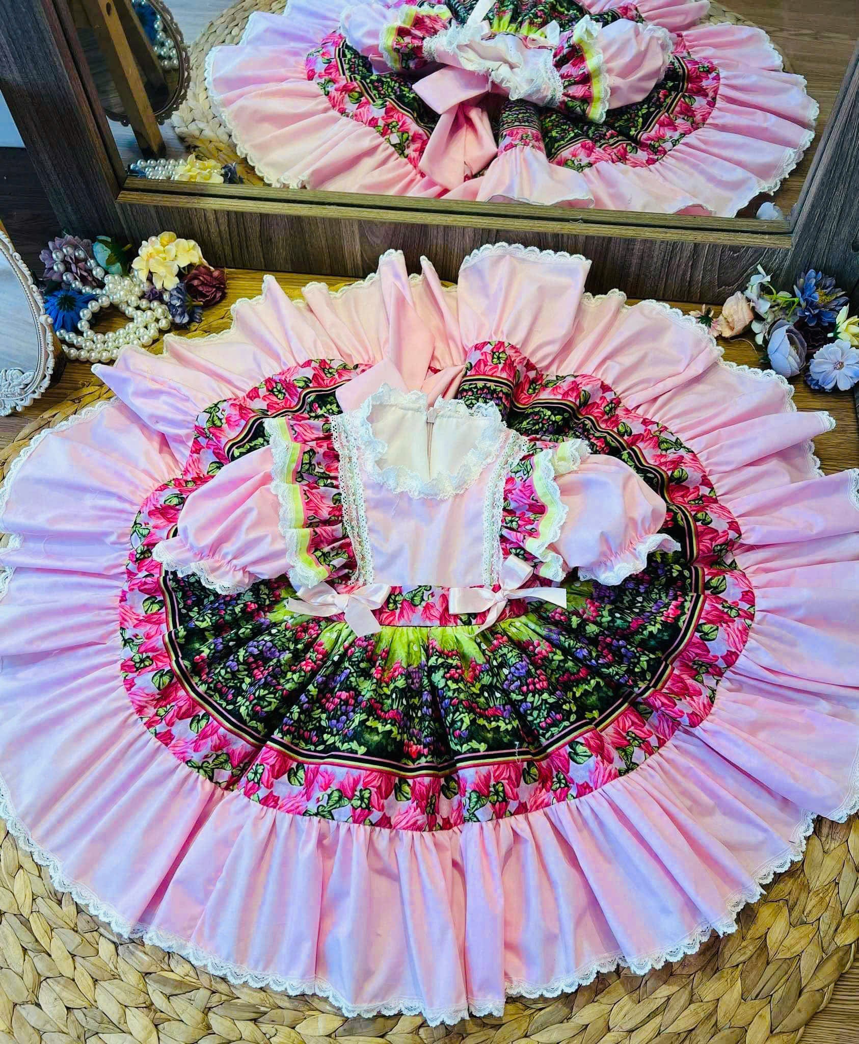 Vintage Floral Pink Dress for Girls – Puff Sleeve Lace Party Dress with Back Bow (1–6 Years)