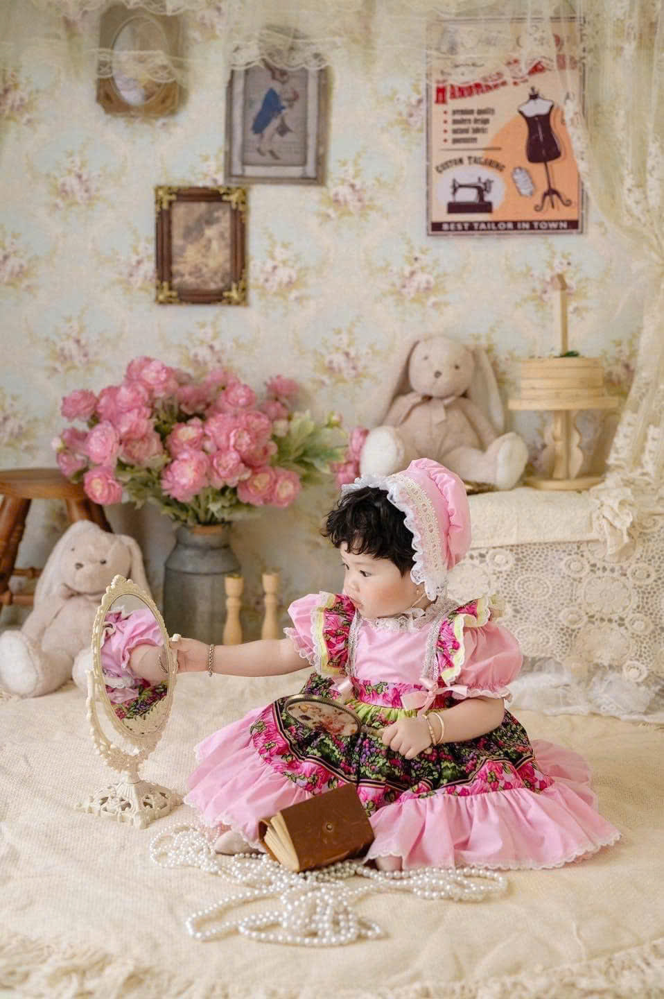 Vintage Floral Pink Dress for Girls – Puff Sleeve Lace Party Dress with Back Bow (1–6 Years)