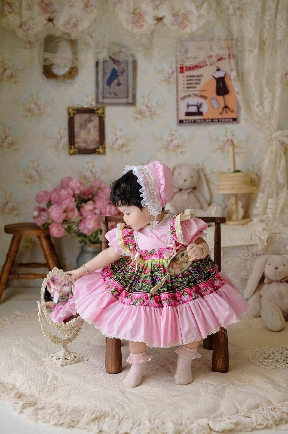 Vintage Floral Pink Dress for Girls – Puff Sleeve Lace Party Dress with Back Bow (1–6 Years)