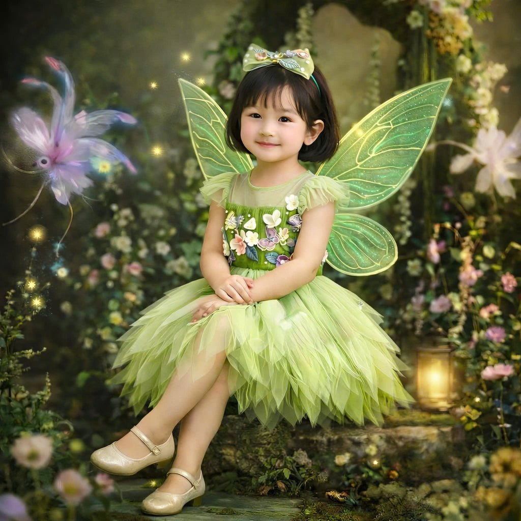 Tinker Bell Inspired Girl Dress (1–6Y) | Green Fairy Tulle Dress | Butterfly Princess Birthday Outfit | Fairy Garden Party Dress