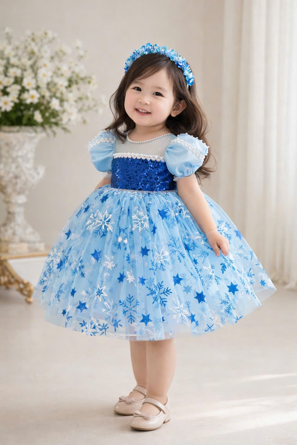 Elsa Inspired Girl Dress (1–6Y) | Frozen Style Blue Snowflake Tulle Dress | Winter Princess Birthday Outfit | Ice Princess Dress for Girls
