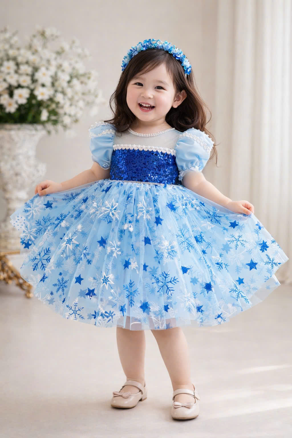 Elsa Inspired Girl Dress (1–6Y) | Frozen Style Blue Snowflake Tulle Dress | Winter Princess Birthday Outfit | Ice Princess Dress for Girls