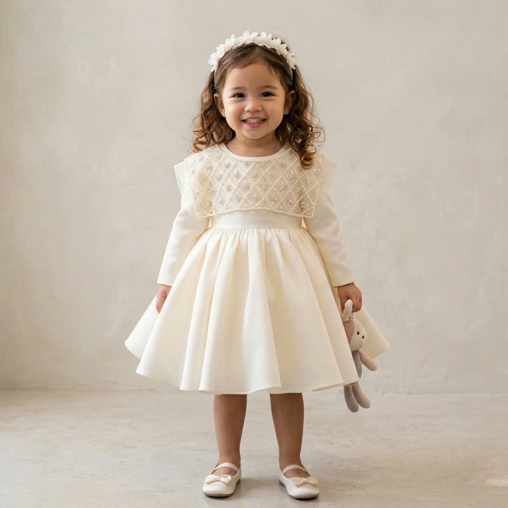 Ivory Pearl Flower Girl Dress with Bow – Wedding, Birthday & Special Occasion Dress (1–6 Years)