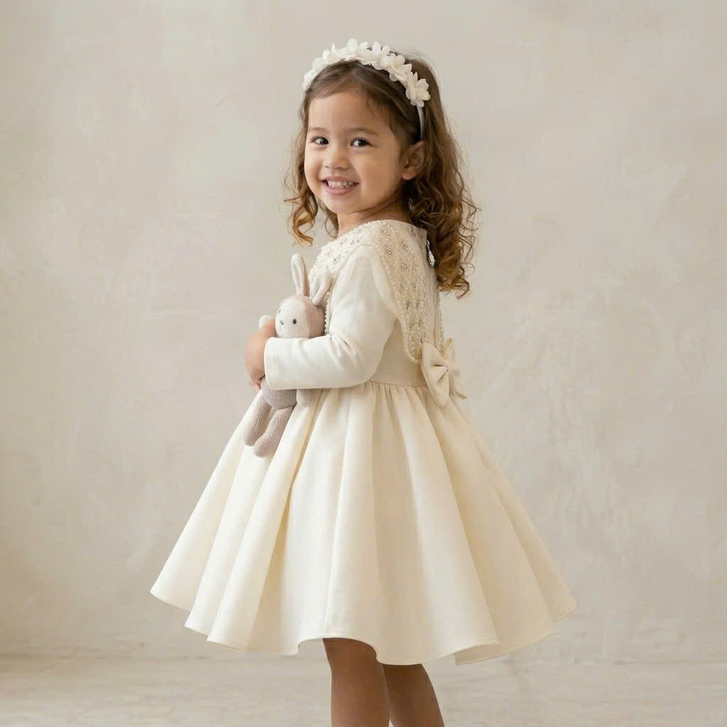 Ivory Pearl Flower Girl Dress with Bow – Wedding, Birthday & Special Occasion Dress (1–6 Years)