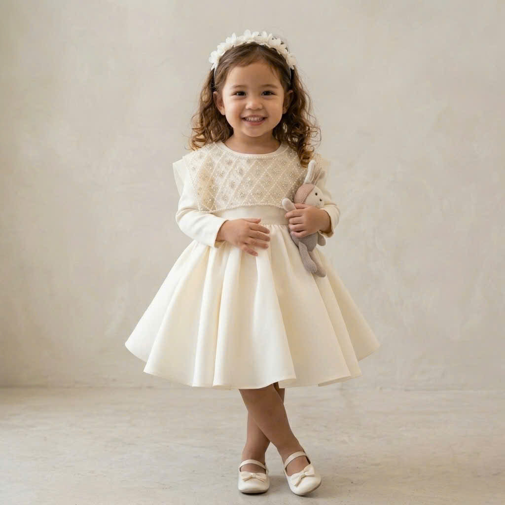 Ivory Pearl Flower Girl Dress with Bow – Wedding, Birthday & Special Occasion Dress (1–6 Years)