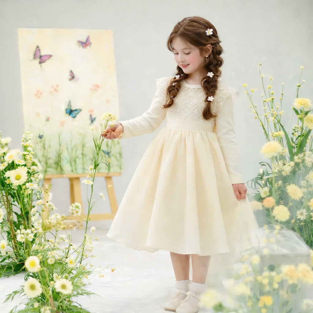 Ivory Pearl Flower Girl Dress with Bow – Wedding, Birthday & Special Occasion Dress (1–6 Years)