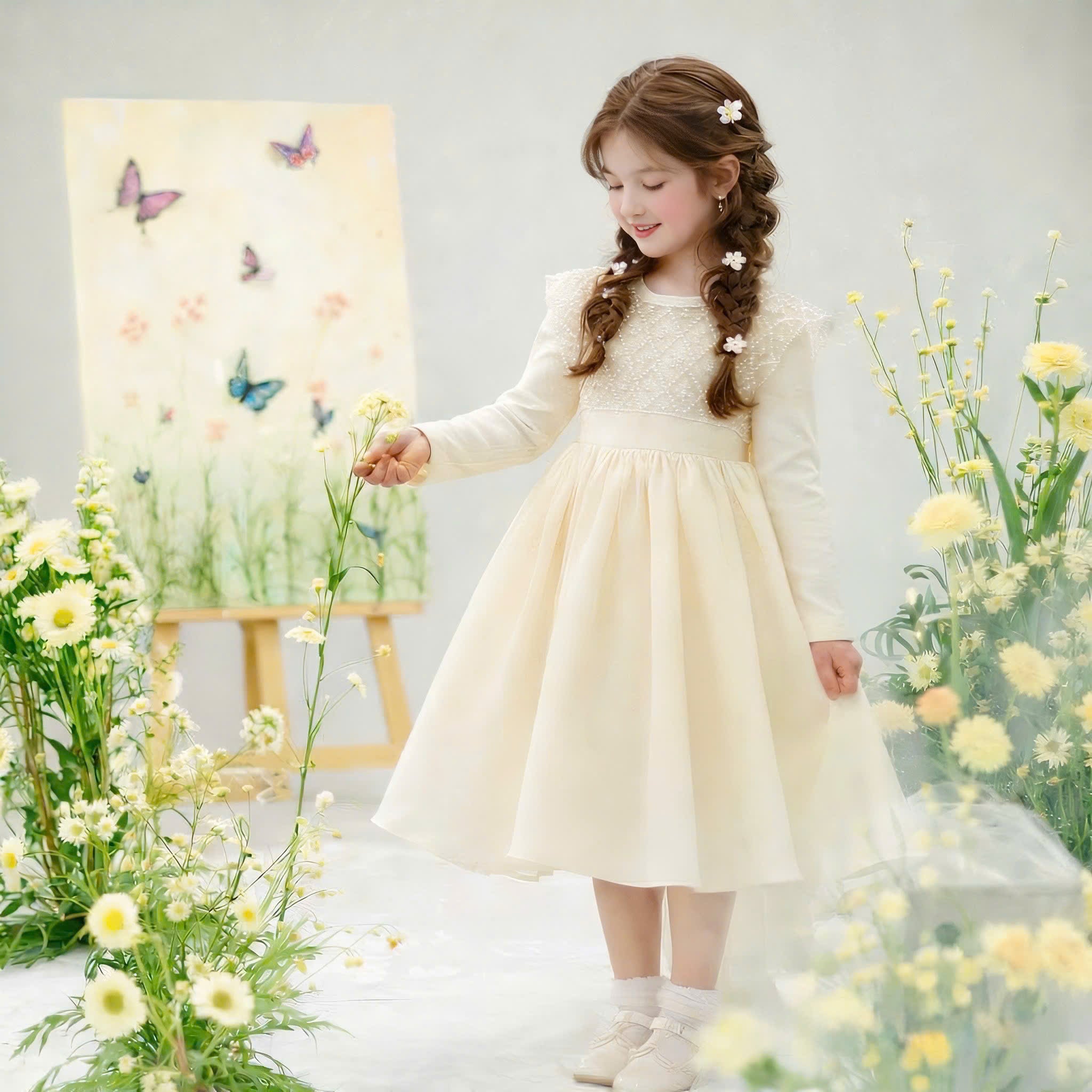 Ivory Pearl Flower Girl Dress with Bow – Wedding, Birthday & Special Occasion Dress (1–6 Years)
