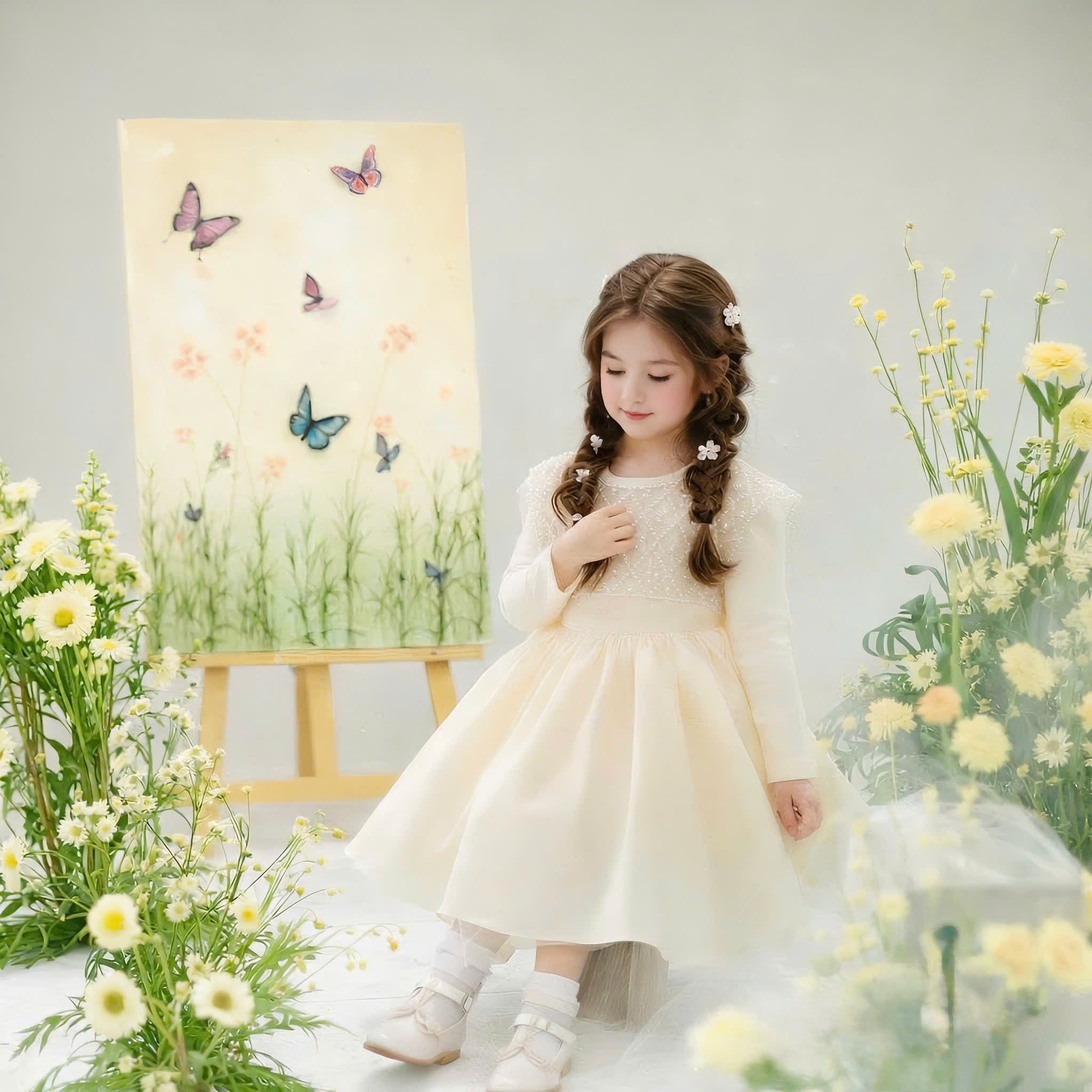 Ivory Pearl Flower Girl Dress with Bow – Wedding, Birthday & Special Occasion Dress (1–6 Years)