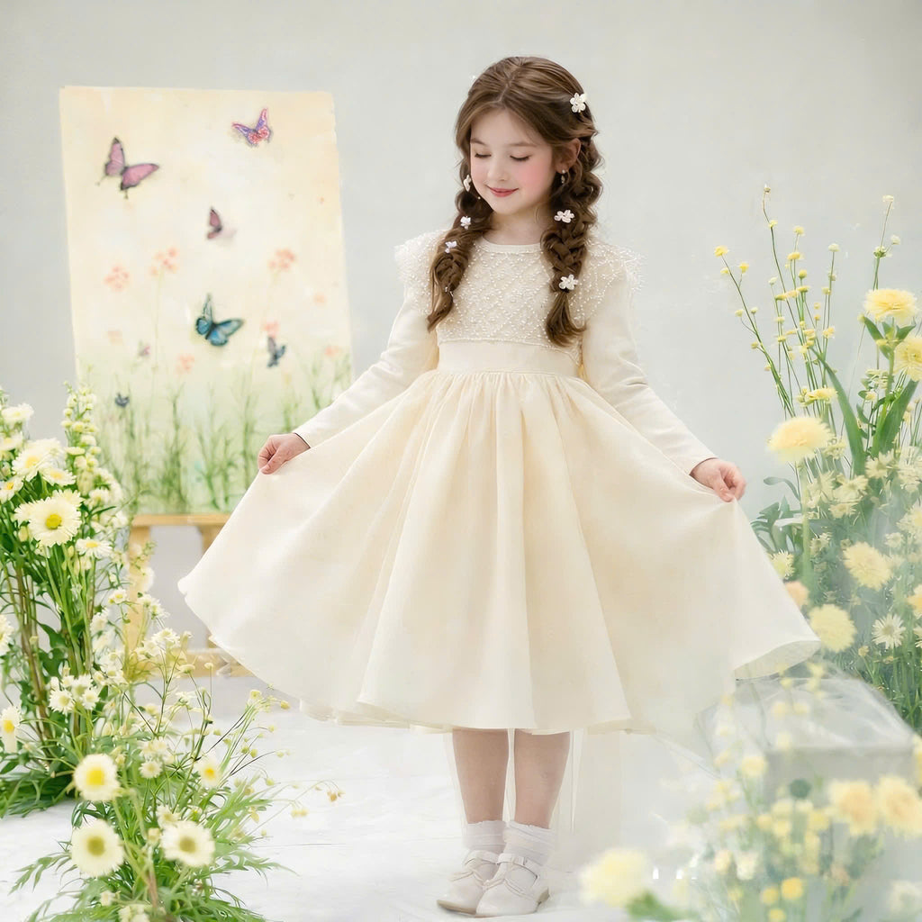Ivory Pearl Flower Girl Dress with Bow – Wedding, Birthday & Special Occasion Dress (1–6 Years)