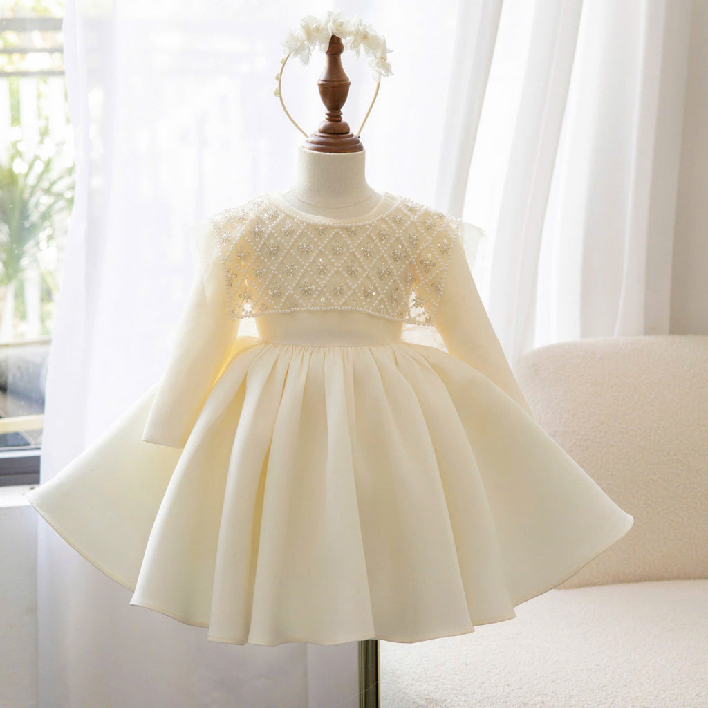 Ivory Pearl Flower Girl Dress with Bow – Wedding, Birthday & Special Occasion Dress (1–6 Years)