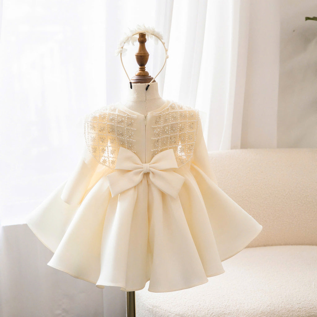 Ivory Pearl Flower Girl Dress with Bow – Wedding, Birthday & Special Occasion Dress (1–6 Years)
