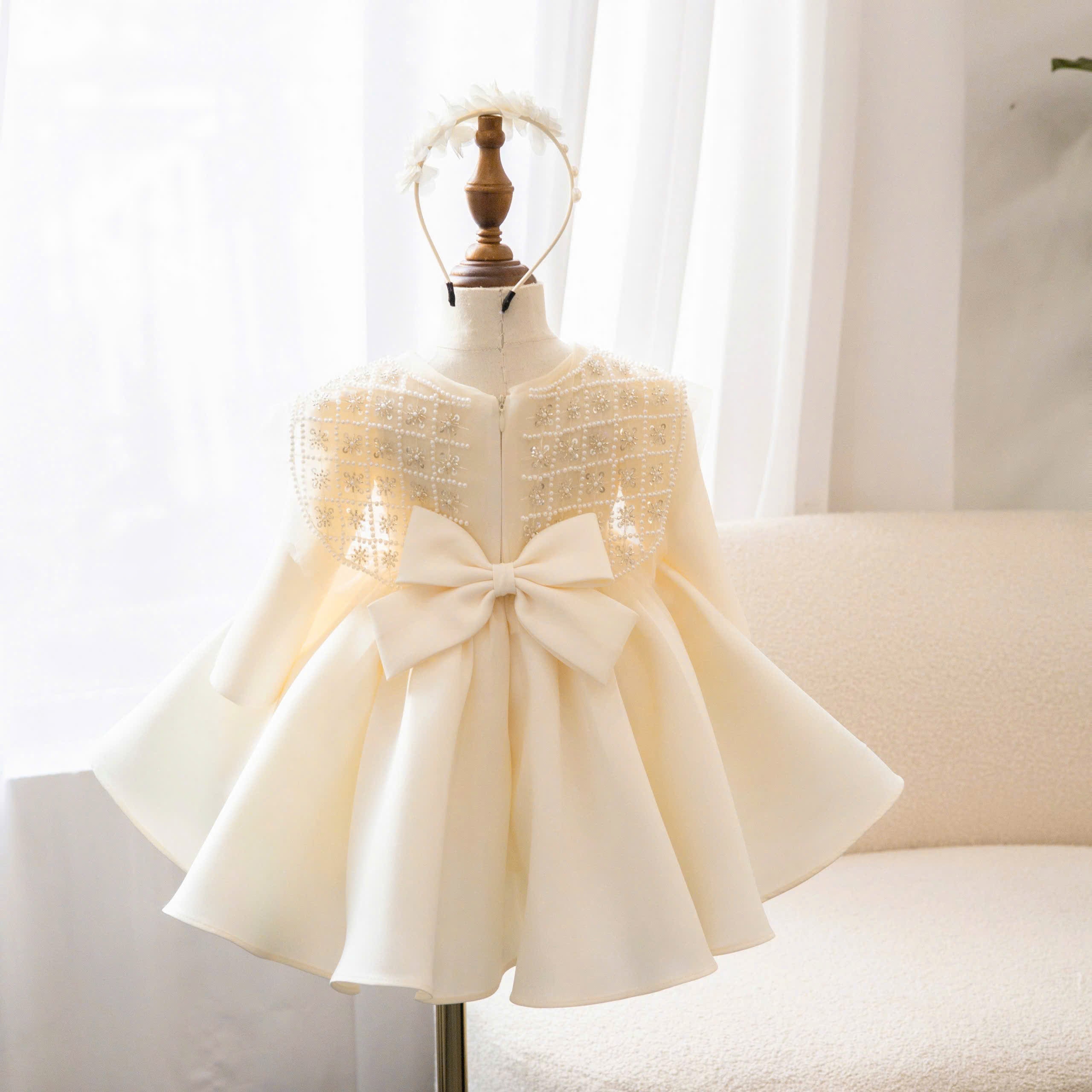 Ivory Pearl Flower Girl Dress with Bow – Wedding, Birthday & Special Occasion Dress (1–6 Years)
