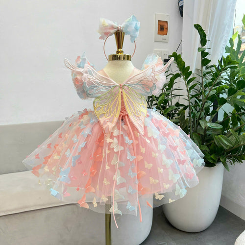Butterfly Fairy Girl Dress 1–6Y | Pastel Princess Tulle Dress | Rainbow Butterfly Birthday Outfit | Fairy Garden Party Dress