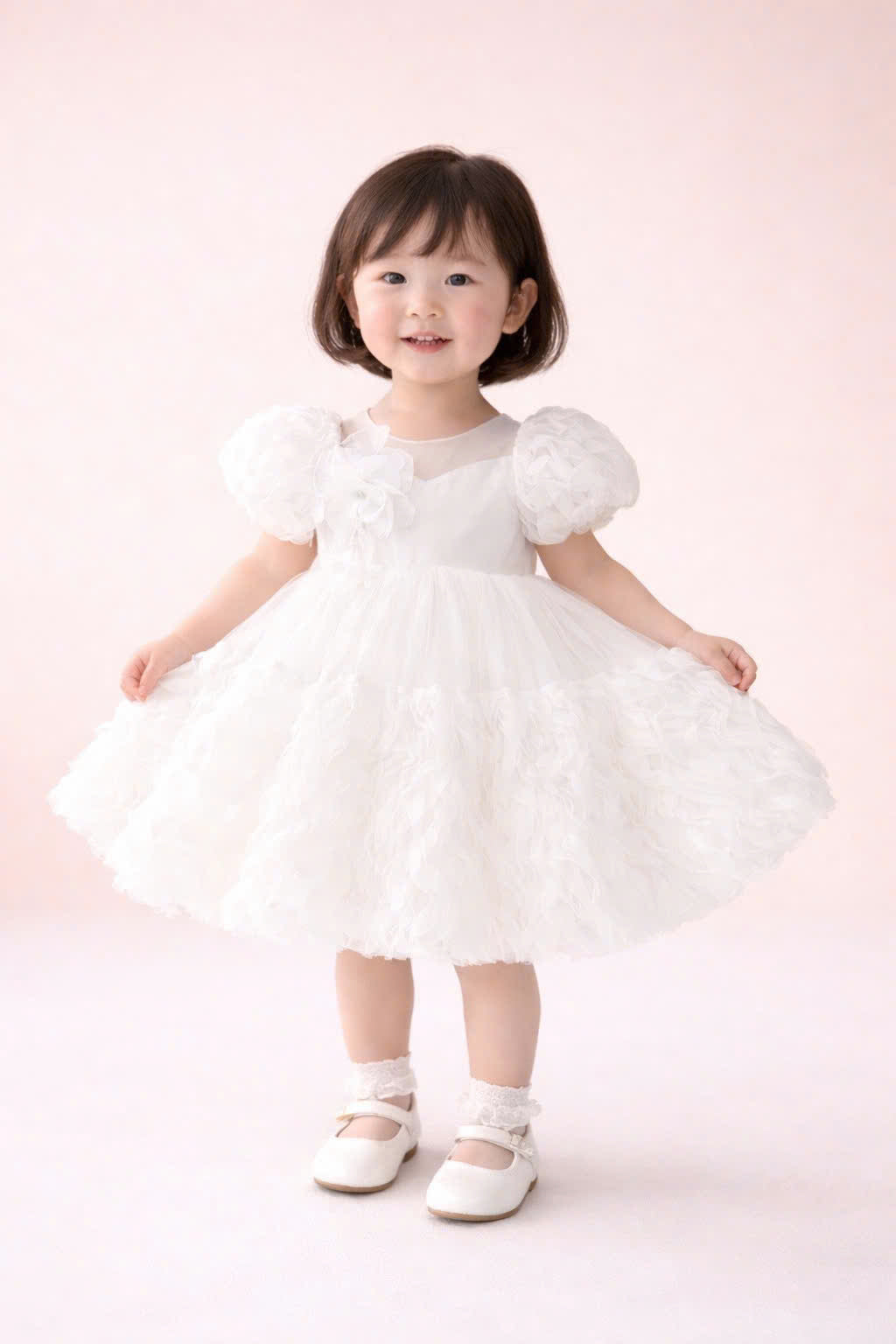 White Floral Wave Dress 1–6Y | Textured Tulle Princess Dress | Birthday, Photoshoot & Flower Girl Outfit
