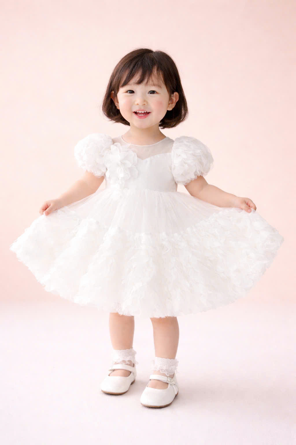 White Floral Wave Dress 1–6Y | Textured Tulle Princess Dress | Birthday, Photoshoot & Flower Girl Outfit
