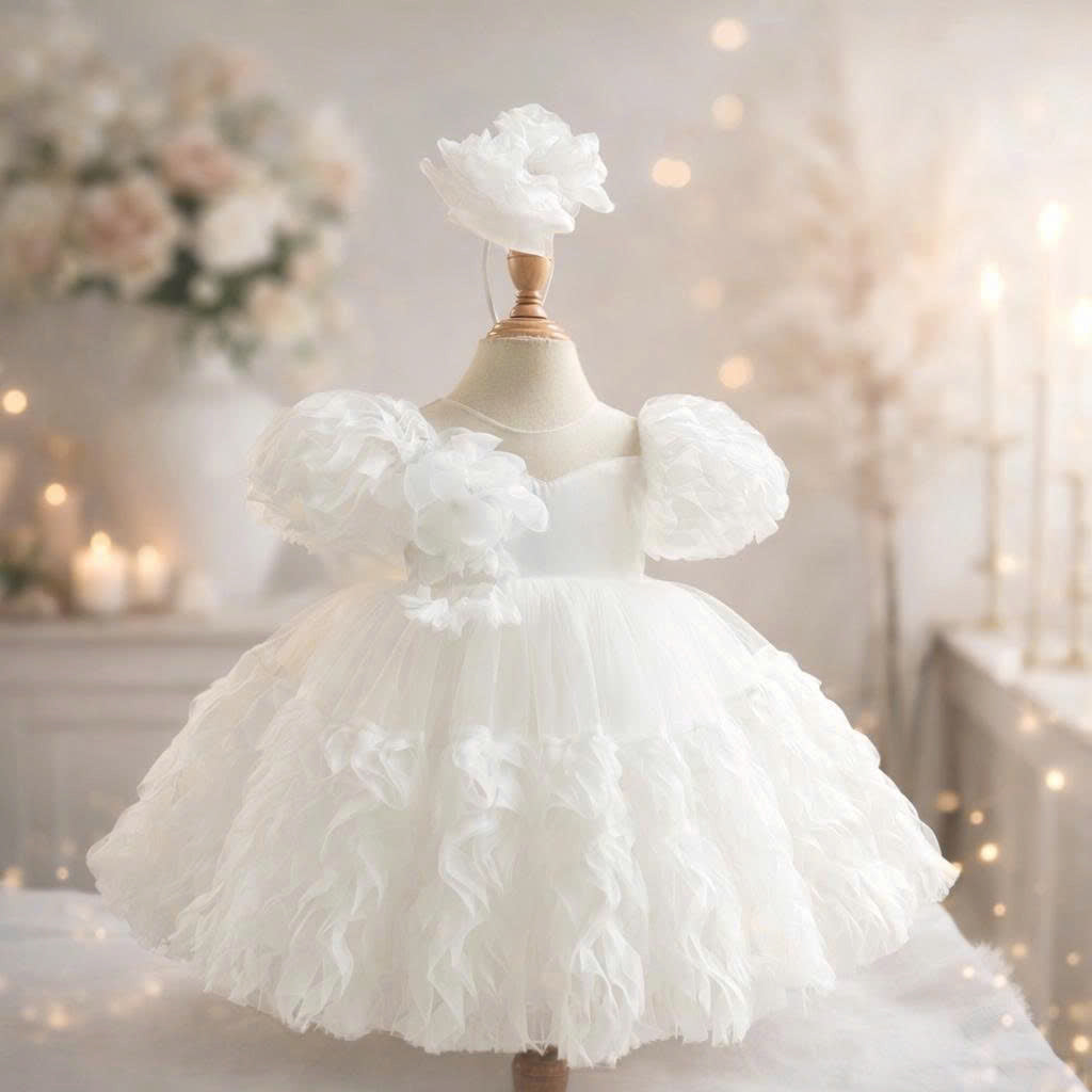 White Floral Wave Dress 1–6Y | Textured Tulle Princess Dress | Birthday, Photoshoot & Flower Girl Outfit
