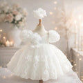 White Floral Wave Dress 1–6Y | Textured Tulle Princess Dress | Birthday, Photoshoot & Flower Girl Outfit