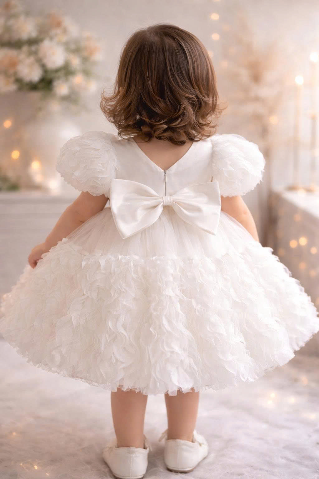 White Floral Wave Dress 1–6Y | Textured Tulle Princess Dress | Birthday, Photoshoot & Flower Girl Outfit