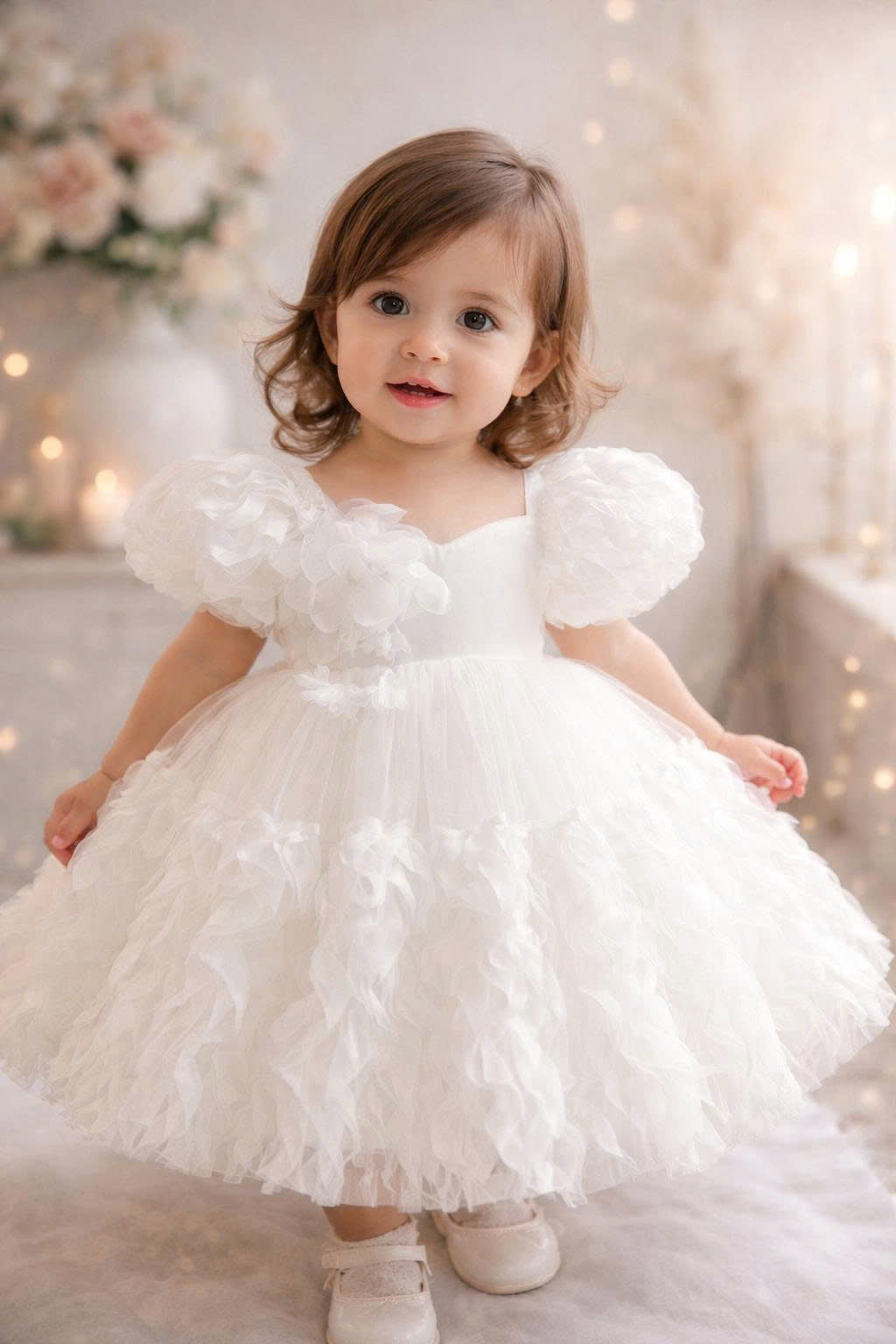 White Floral Wave Dress 1–6Y | Textured Tulle Princess Dress | Birthday, Photoshoot & Flower Girl Outfit