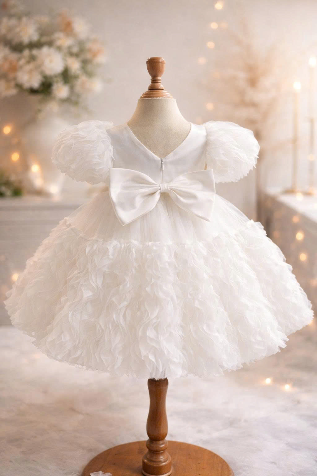 White Floral Wave Dress 1–6Years | Textured Tulle Princess Dress