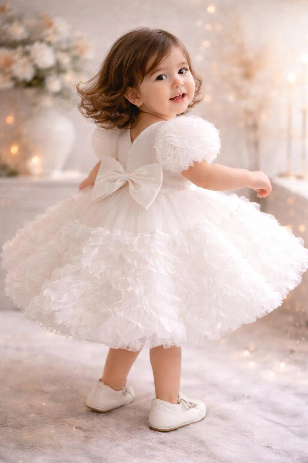 White Floral Wave Dress 1–6Y | Textured Tulle Princess Dress | Birthday, Photoshoot & Flower Girl Outfit