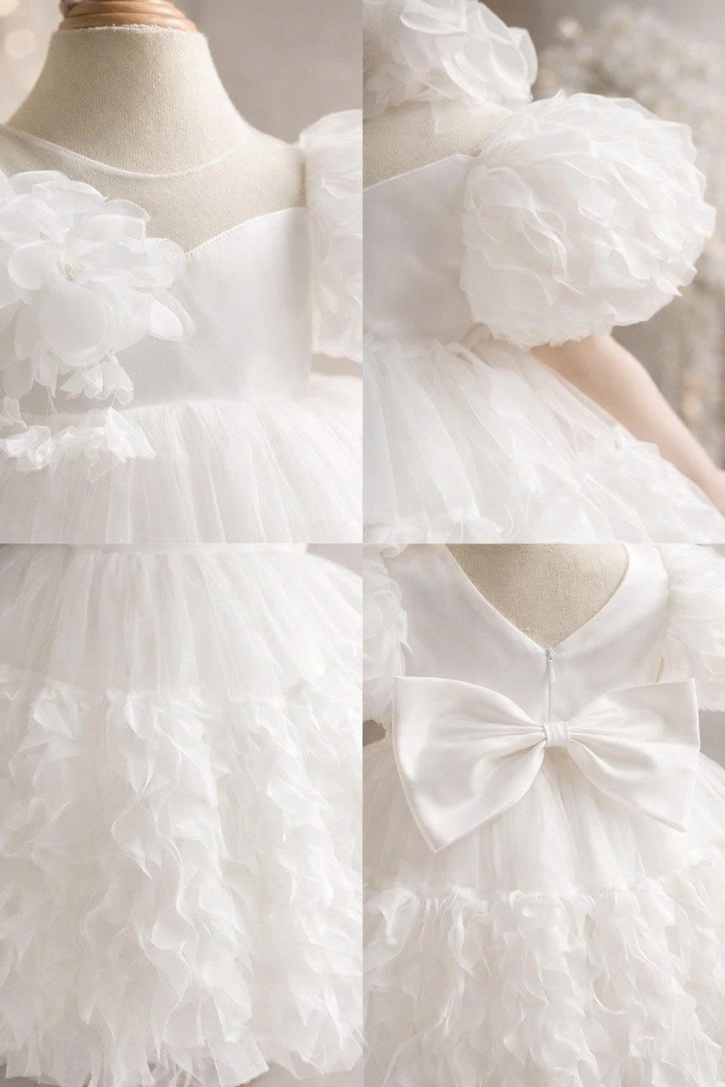 White Floral Wave Dress 1–6Y | Textured Tulle Princess Dress | Birthday, Photoshoot & Flower Girl Outfit