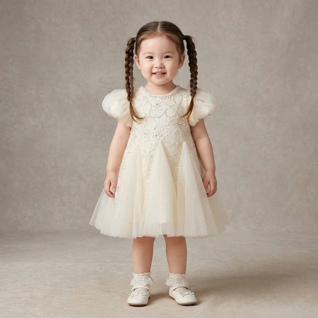 Willow Vintage Lace A-Line Dress 1–6Y | Floral Embroidered Tulle Dress | Christening & Flower Girl Outfit