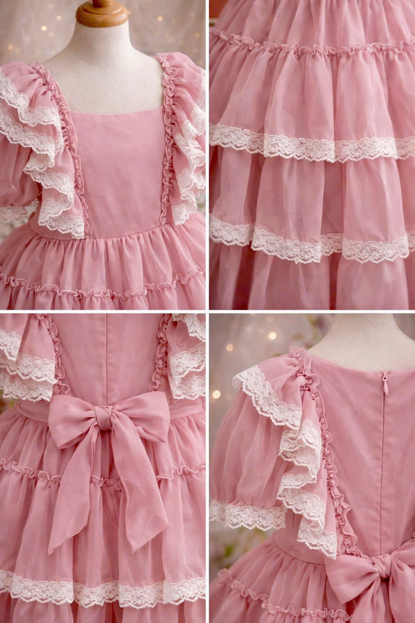 Blush Pink Lace Ruffle Girl Dress | Vintage Tiered Tulle Party Dress | Flower Girl & Birthday Dress (3–6 Years)