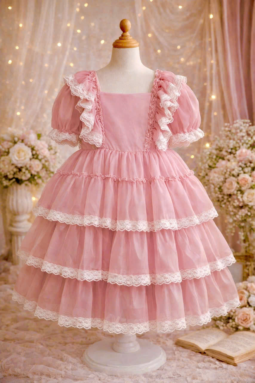 Blush Pink Lace Ruffle Girl Dress | Vintage Tiered Tulle Party Dress | Flower Girl & Birthday Dress (3–6 Years)